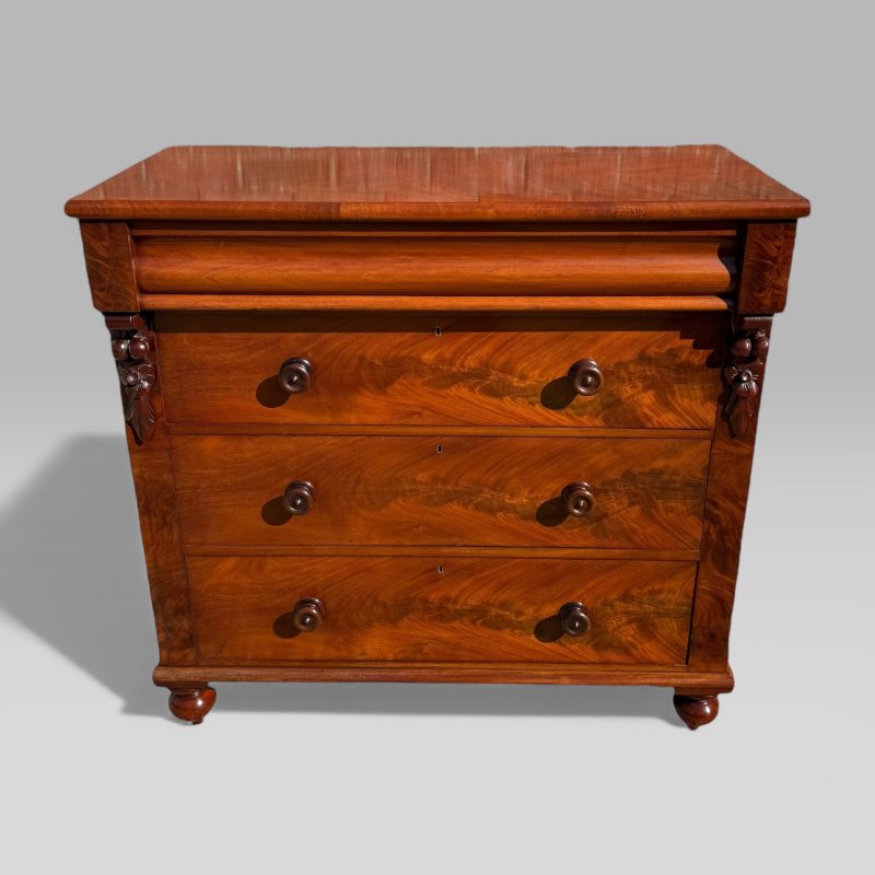 Antique Scottish Victorian Flame Mahogany Chest of Drawers with Wooden Handles